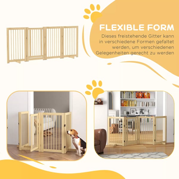 PawHut Foldbart 4-delt Hundegitter af Fyrretræ, Natur, 220x91 cm m. Dør