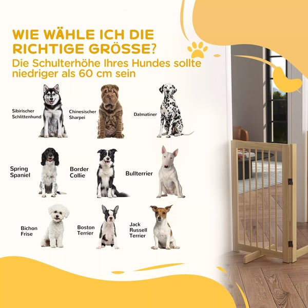PawHut Foldbart 4-delt Hundegitter af Fyrretræ, Natur, 220x91 cm m. Dør