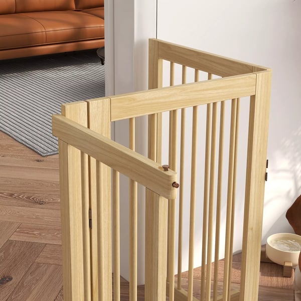 PawHut Foldbart 4-delt Hundegitter af Fyrretræ, Natur, 220x91 cm m. Dør