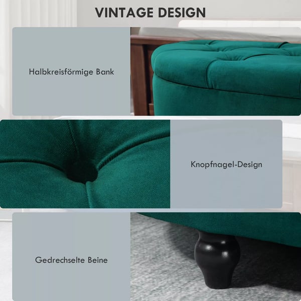 HOMCOM Sædebank med Opbevaring, Mørkegrøn Velour, Polstret Bænk med Skjult Opbevaring, 120 x 46 x 42 cm