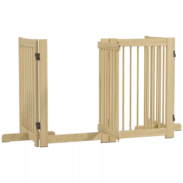 PawHut Hundegitter 4-delt, Naturtræ, 204x75 cm foldbart dørgitter med tilhørende dør, fritstående hundegitter med 2 støttefødder, sammenklappeligt hun