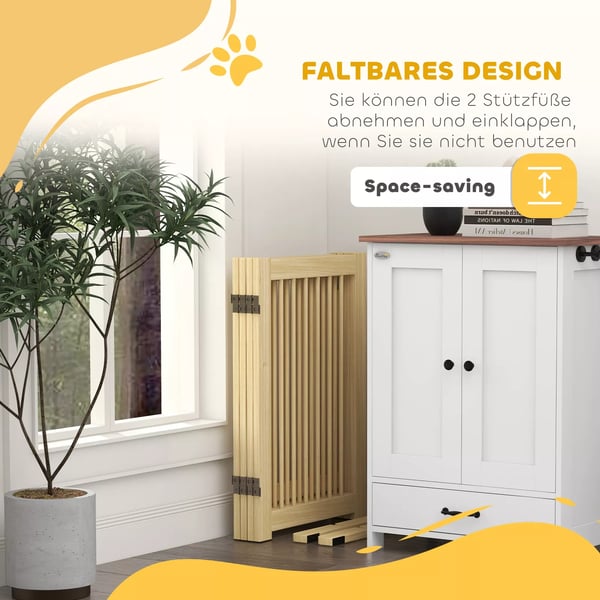 PawHut Hundegitter 4-delt, Naturtræ, 204x75 cm foldbart dørgitter med tilhørende dør, fritstående hundegitter med 2 støttefødder, sammenklappeligt hun
