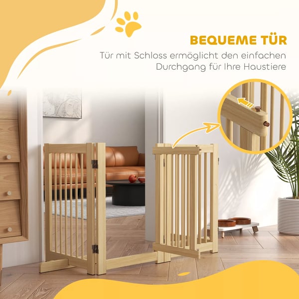 PawHut Hundegitter 4-delt, Naturtræ, 204x75 cm foldbart dørgitter med tilhørende dør, fritstående hundegitter med 2 støttefødder, sammenklappeligt hun