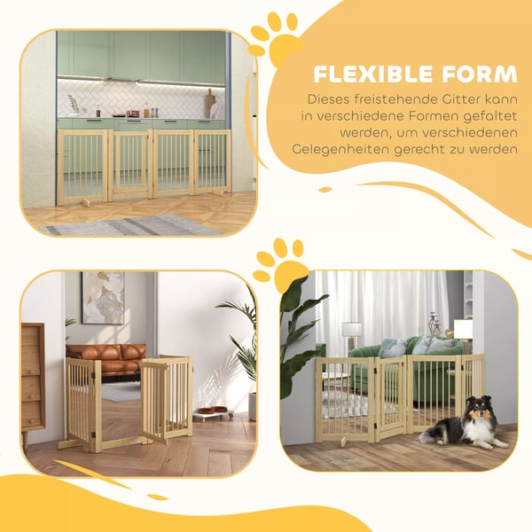 PawHut Hundegitter 4-delt, Naturtræ, 204x75 cm foldbart dørgitter med tilhørende dør, fritstående hundegitter med 2 støttefødder, sammenklappeligt hun
