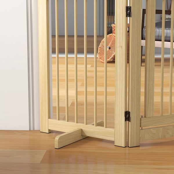 PawHut Hundegitter 4-delt, Naturtræ, 204x75 cm foldbart dørgitter med tilhørende dør, fritstående hundegitter med 2 støttefødder, sammenklappeligt hun