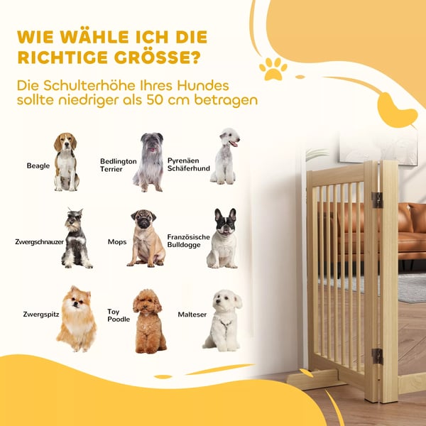 PawHut Hundegitter 4-delt, Naturtræ, 204x75 cm foldbart dørgitter med tilhørende dør, fritstående hundegitter med 2 støttefødder, sammenklappeligt hun