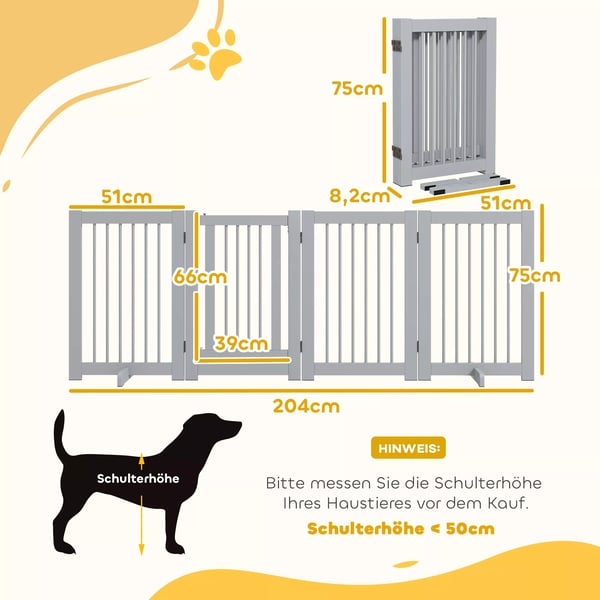 PawHut Foldbart Hundegitter i Fyrretræ, 204x75 cm - Lysegrå