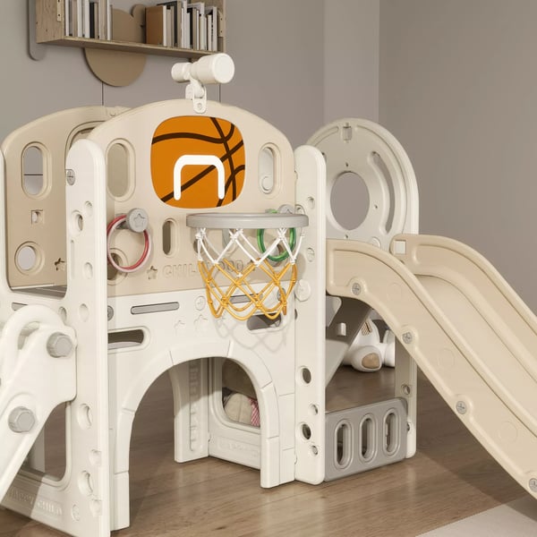 AIYAPLAY Børnelegestativ 7-i-1 Cremehvid Plast - Rutsjebane, Basketballkurv, Tunnel, Klatrestativ (1-6 år)