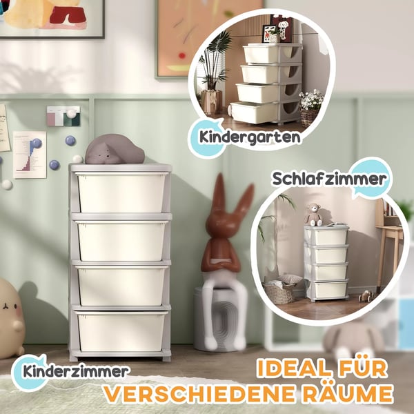Børne Kommode, 4 Sektioner Legetøjsorganizer, Opbevaring i Plast, Creme