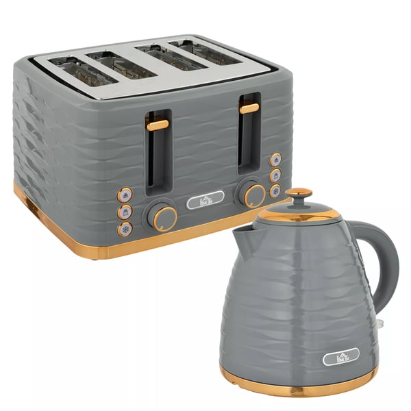 HOMCOM Vedenkeitin ja Paahdinsetti 2-in-1 harmaa, 1.7L vedenkeitin, 4 viipaleen paahtoleipä, 3000W kokonaisteho, 7 ruskistustasoa, sulatus, uudelleenl