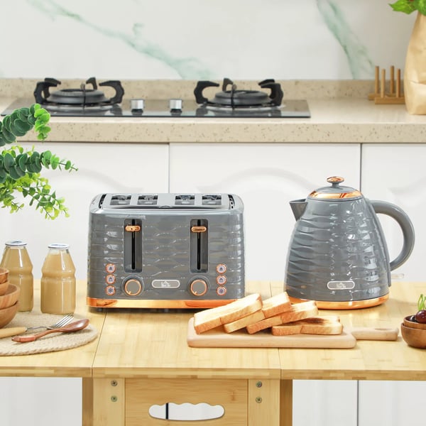 HOMCOM Morgenmads-sæt: Elkedel (1,7L) og Brødrister (4 skiver) i elegant grå - perfekt til ethvert køkken