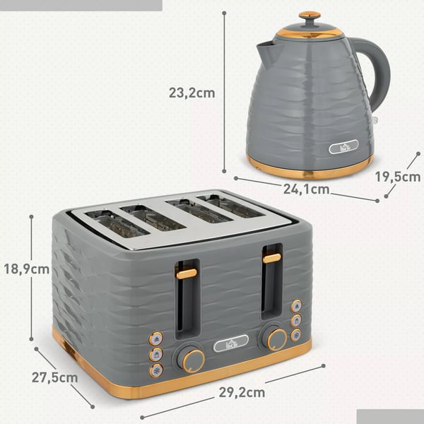 HOMCOM Morgenmads-sæt: Elkedel (1,7L) og Brødrister (4 skiver) i elegant grå - perfekt til ethvert køkken