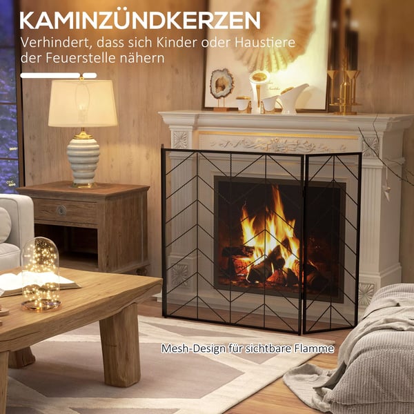 Pejsbeskyttelse, Foldbart Pejsgitter med 3 Paneler, Komfurbeskyttelse, Gnistskærm til Stue, Stål, 135 x 85 cm, Sort
