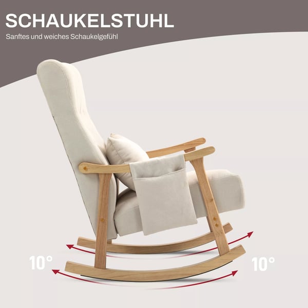 HOMCOM Gyngestol, Blød Polstret Gyngestol m. Lændepude, Sidelomme, Hvilestol m. Træramme, Beige Polyester