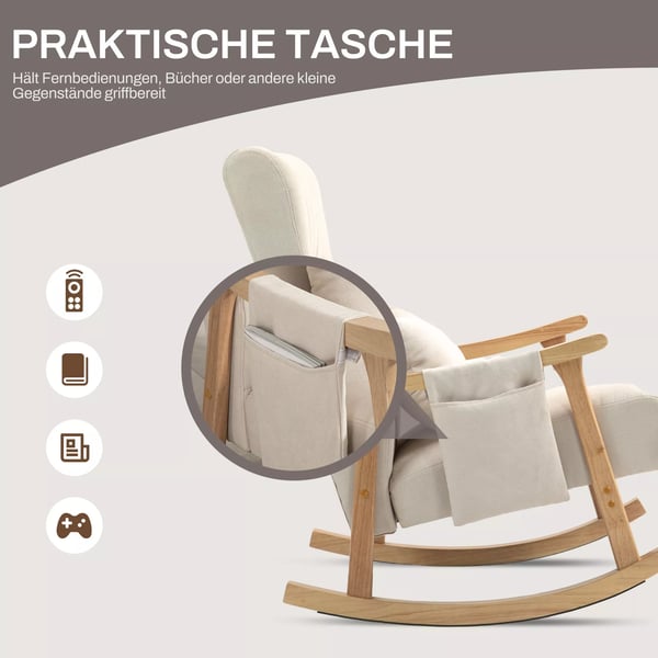 HOMCOM Gyngestol, Blød Polstret Gyngestol m. Lændepude, Sidelomme, Hvilestol m. Træramme, Beige Polyester