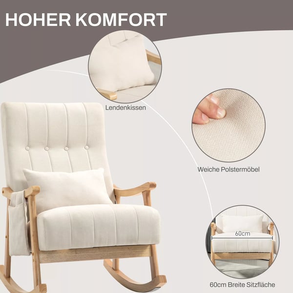 HOMCOM Gyngestol, Blød Polstret Gyngestol m. Lændepude, Sidelomme, Hvilestol m. Træramme, Beige Polyester