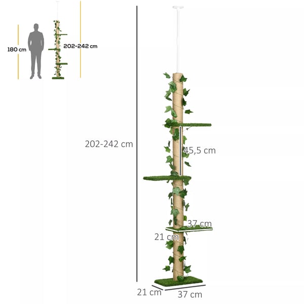Loftsmonteret Kradsetræ til Katte, Højdejusterbar 202-242 cm, med Legetøj og Kradsestolper, Grøn/Gul