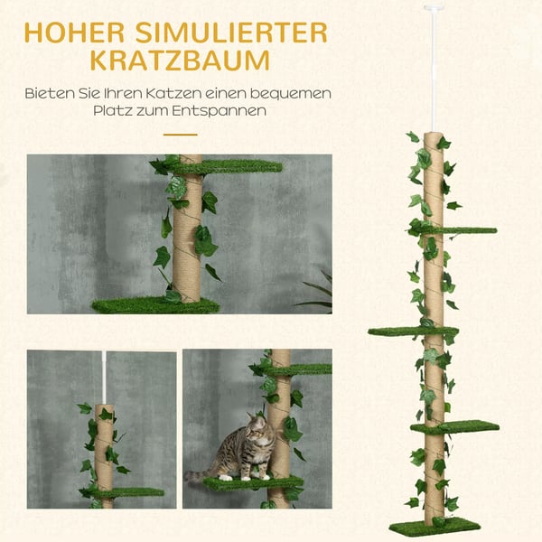 Loftsmonteret Kradsetræ til Katte, Højdejusterbar 202-242 cm, med Legetøj og Kradsestolper, Grøn/Gul
