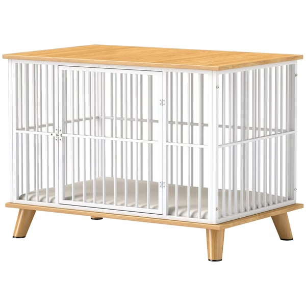 PawHut Hundekennel til Hjemmet, Hundebur med Lås og Pude, Hvid & Eg, 86 x 60 x 70 cm PawHut Hundekennel til Hjemmet, Hundebur med Lås og Pude, Hvid & Eg, 86 x 60 x 70 cm