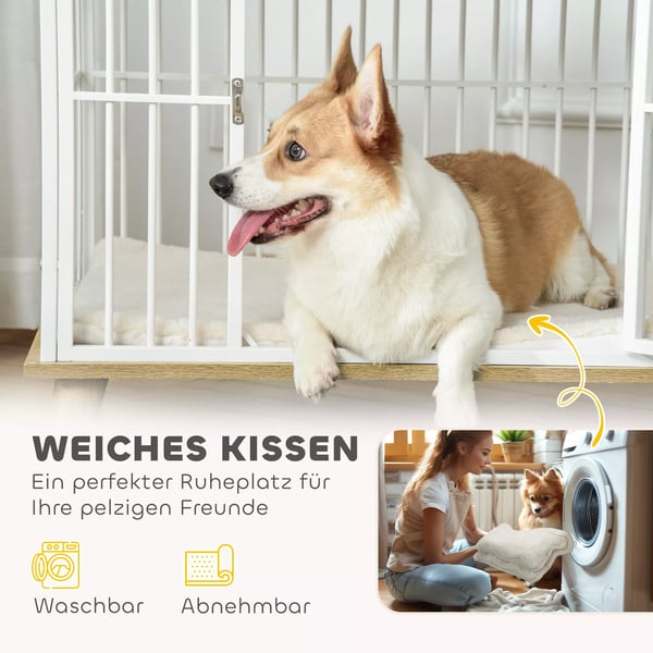 PawHut Hundekennel til Hjemmet, Hundebur med Lås og Pude, Hvid & Eg, 86 x 60 x 70 cm