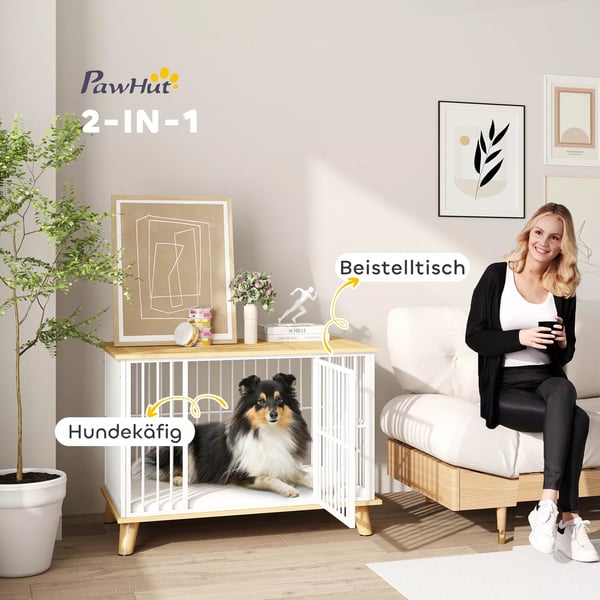 PawHut Hundekennel til Hjemmet, Hundebur med Lås og Pude, Hvid & Eg, 86 x 60 x 70 cm