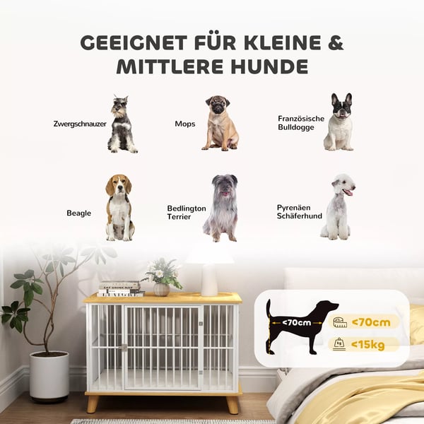 PawHut Hundekennel til Hjemmet, Hundebur med Lås og Pude, Hvid & Eg, 86 x 60 x 70 cm