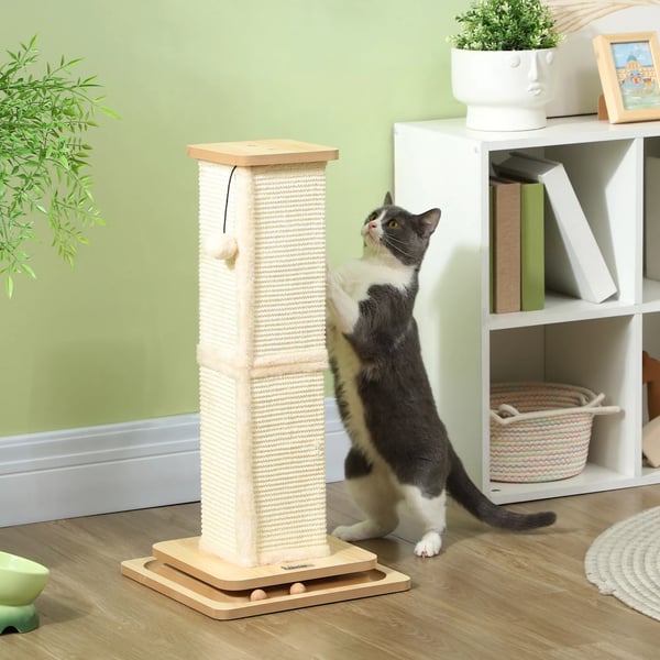 PawHut 3-in-1 kissan raapimispuu tammenvärinen MDF 67cm sisalilla ja leikkipalloilla