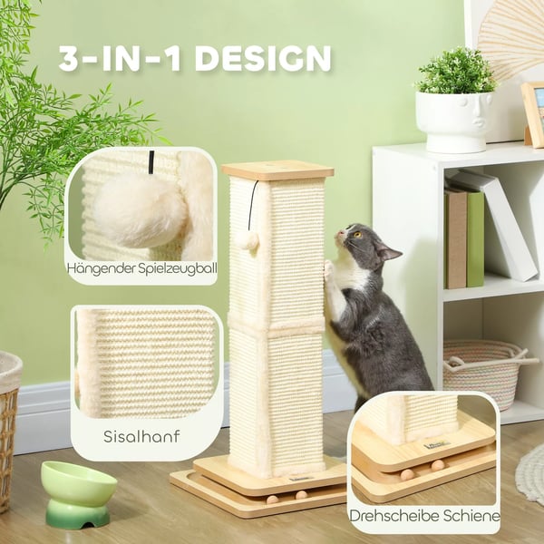 PawHut 3-in-1 kissan raapimispuu tammenvärinen MDF 67cm sisalilla ja leikkipalloilla