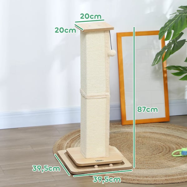 PawHut 3-i-1 Kradsetræ 87cm Eg MDF med Sisal og Legetøjsbold til Katte