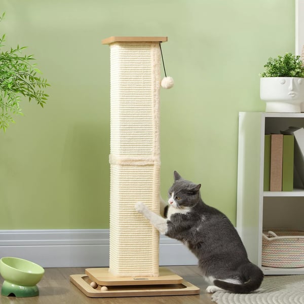 PawHut 3-i-1 Kradsetræ 87cm Eg MDF med Sisal og Legetøjsbold til Katte
