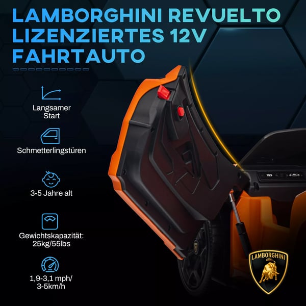AIYAPLAY Lamborghini Revuelto 12V Elbil til Børn – Orange Licenseret Legetøjsbil med Fjernbetjening, Musik & Lys