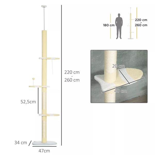 PawHut Kradsetræ til loftet, justerbart 220-260 cm, med legbold og plys, polyester, gul