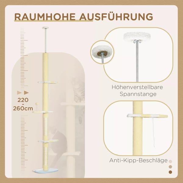 PawHut Kradsetræ til loftet, justerbart 220-260 cm, med legbold og plys, polyester, gul