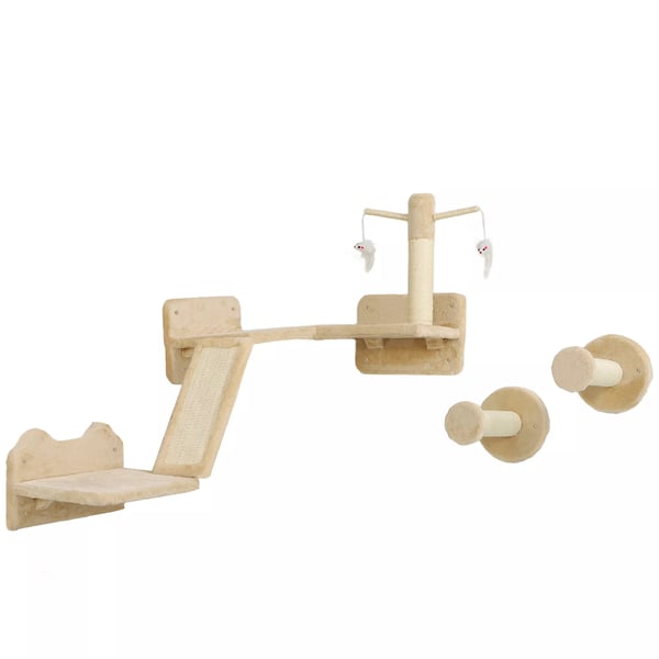 PawHut Vægmonteret Klatrevægssæt til Katte, 3-delt, med Kradsebræt og Springbrætter, Beige, 5 kg