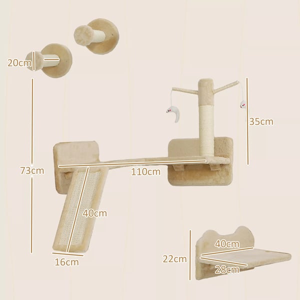 PawHut Vægmonteret Klatrevægssæt til Katte, 3-delt, med Kradsebræt og Springbrætter, Beige, 5 kg