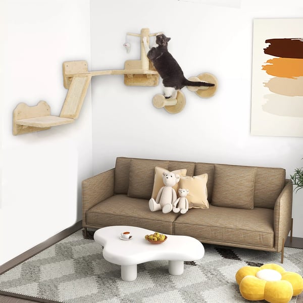 PawHut Vægmonteret Klatrevægssæt til Katte, 3-delt, med Kradsebræt og Springbrætter, Beige, 5 kg