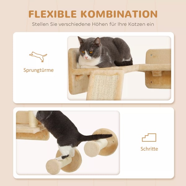 PawHut Vægmonteret Klatrevægssæt til Katte, 3-delt, med Kradsebræt og Springbrætter, Beige, 5 kg