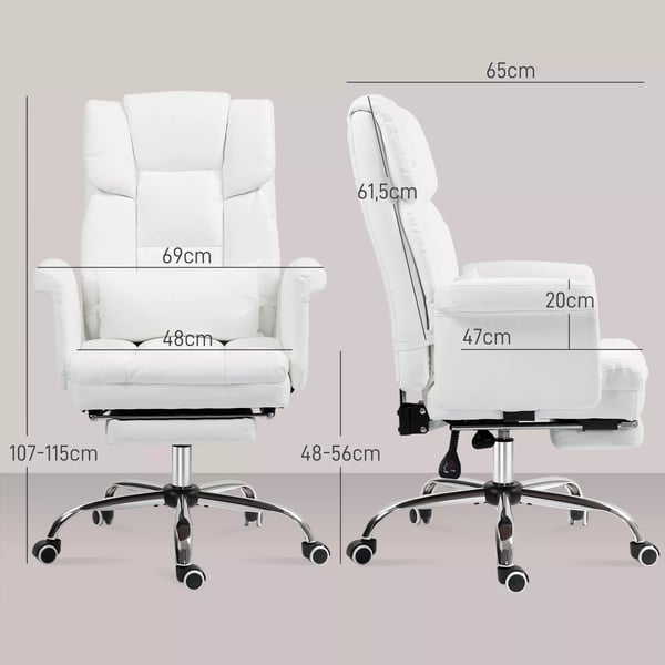 HOMCOM kontorstol, ergonomisk, hvid kunstlæder, med fodstøtte og lændestøtte