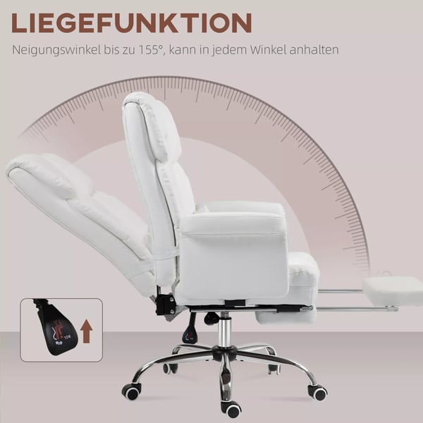 HOMCOM kontorstol, ergonomisk, hvid kunstlæder, med fodstøtte og lændestøtte