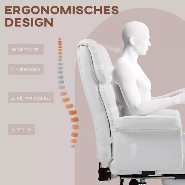 HOMCOM kontorstol, ergonomisk, hvid kunstlæder, med fodstøtte og lændestøtte