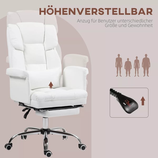 HOMCOM kontorstol, ergonomisk, hvid kunstlæder, med fodstøtte og lændestøtte