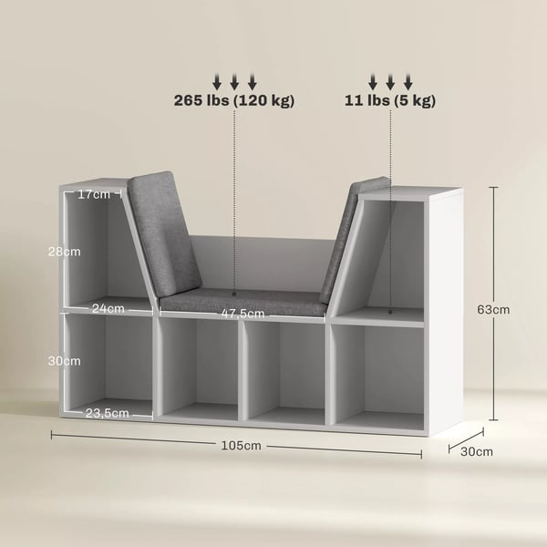 Reol med Siddepude, Opbevaring med 6 Rum, Hvid, Trækomposit, 105x30x63 cm