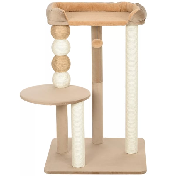 Kradsetræ 86 cm til Katte - med Springplatform, Seng, Legbold, Jute og Plys - Farve Kaffe - Perfekt til Katte op til 7 kg