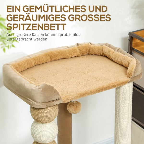 Kradsetræ 86 cm til Katte - med Springplatform, Seng, Legbold, Jute og Plys - Farve Kaffe - Perfekt til Katte op til 7 kg