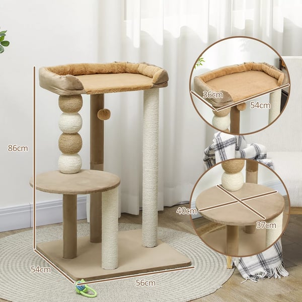 Kradsetræ 86 cm til Katte - med Springplatform, Seng, Legbold, Jute og Plys - Farve Kaffe - Perfekt til Katte op til 7 kg