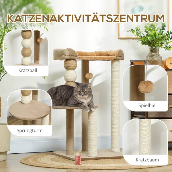Kradsetræ 86 cm til Katte - med Springplatform, Seng, Legbold, Jute og Plys - Farve Kaffe - Perfekt til Katte op til 7 kg