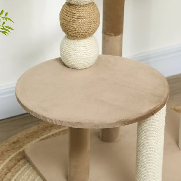 Kradsetræ 86 cm til Katte - med Springplatform, Seng, Legbold, Jute og Plys - Farve Kaffe - Perfekt til Katte op til 7 kg