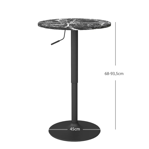HOMCOM Säädettävä baaripöytä pyöreä musta marmoriefektillä, korkeus säädettävä 68-93.5cm, DK60x68-93.5cm