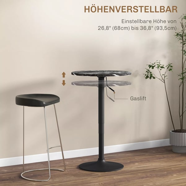 HOMCOM Säädettävä baaripöytä pyöreä musta marmoriefektillä, korkeus säädettävä 68-93.5cm, DK60x68-93.5cm