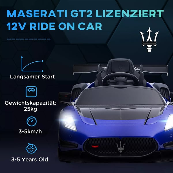 AIYAPLAY 12V Maserati Elbil til Børn - Blå, Licenseret Børnebil med Fjernbetjening, Musik & Lys - Sikker og Sjov Legetøjsbil til Små Racerkørere (3-5